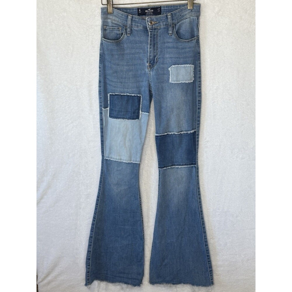 Hollister High Rise Flare Jeans Size 1R Patchwork Denim Hippie Festival Raw Edge